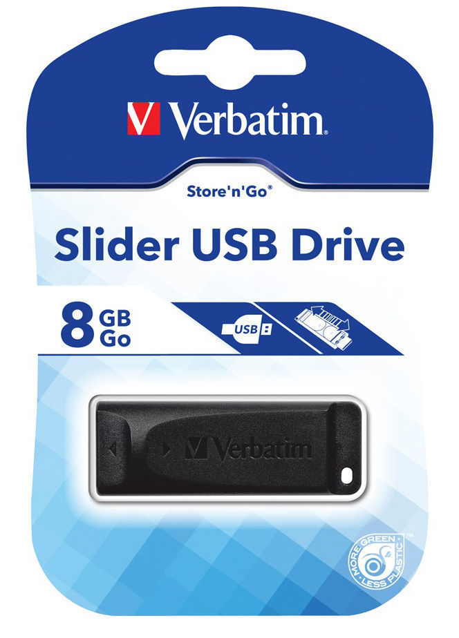 Verbatim USB Drive 8GB, (Store n Go) â€“ Black Slider USB 2.0 Flash Drive